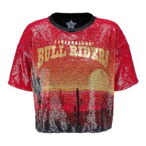 NWT PBR Ladies Sequin Desert Scene Crop Top Shirt Sz M Western Dressy Bull